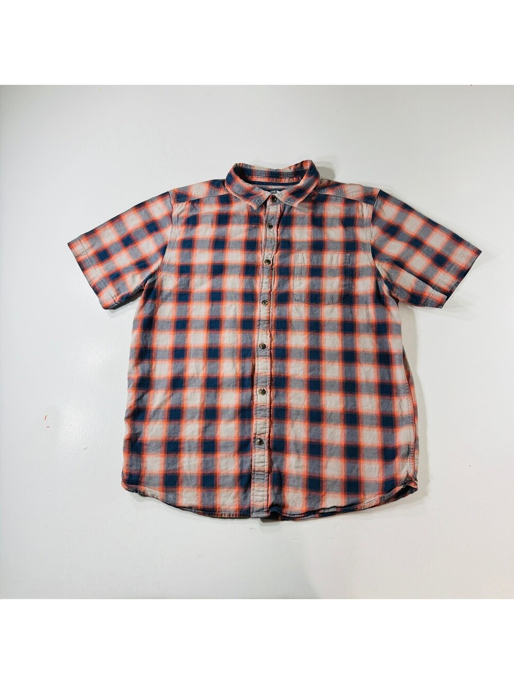 The North Face Button Down Shirt Short Sleeve Blue Orange Plaid Men’s Size Large